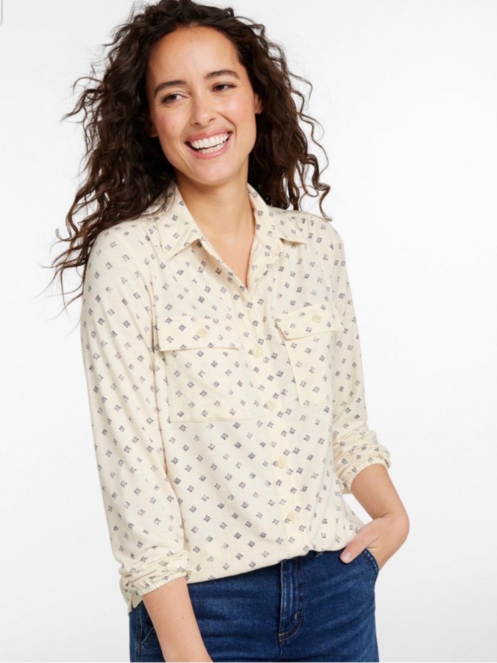 L.L. Bean Cream  Women’s Camden Hill button front Shirt Size M